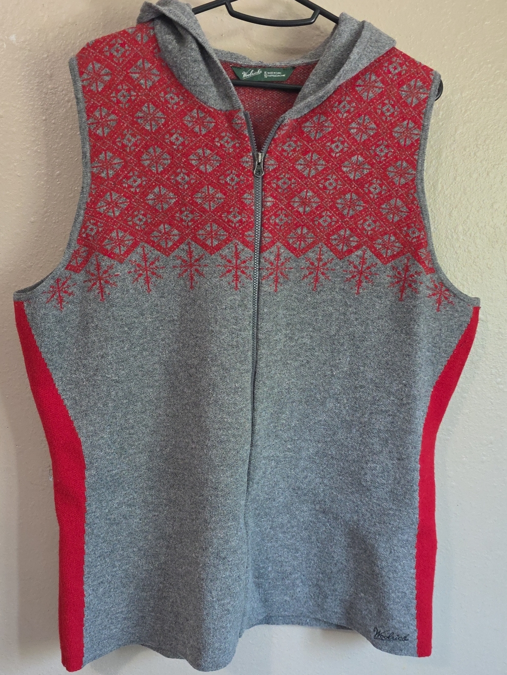 Woolrich Gray & Red Hooded Zip Wool Vest with Fair Isle Yoke Xl Holiday X Large